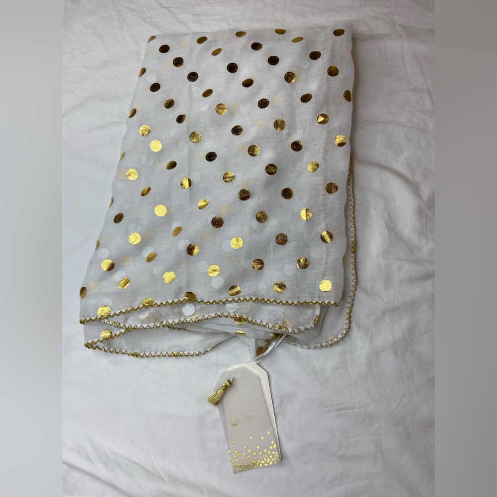 NWT 2 Chic Shawl or Cape, Sheer White with Gold Metallic Polka Dots  One Size